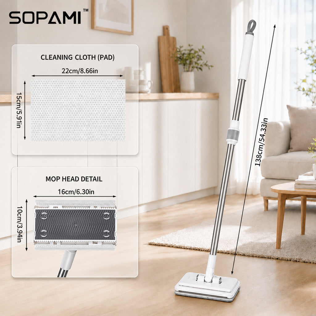 SOPAMI Retractable Disposable Flat Dust Mop with Clamp,Hands-Free & No Hand-Wash, Dry Wet Dual Use, One-ClickCloth Release, Ideal for Hardwood Floors, Tile Floors andBaseboards