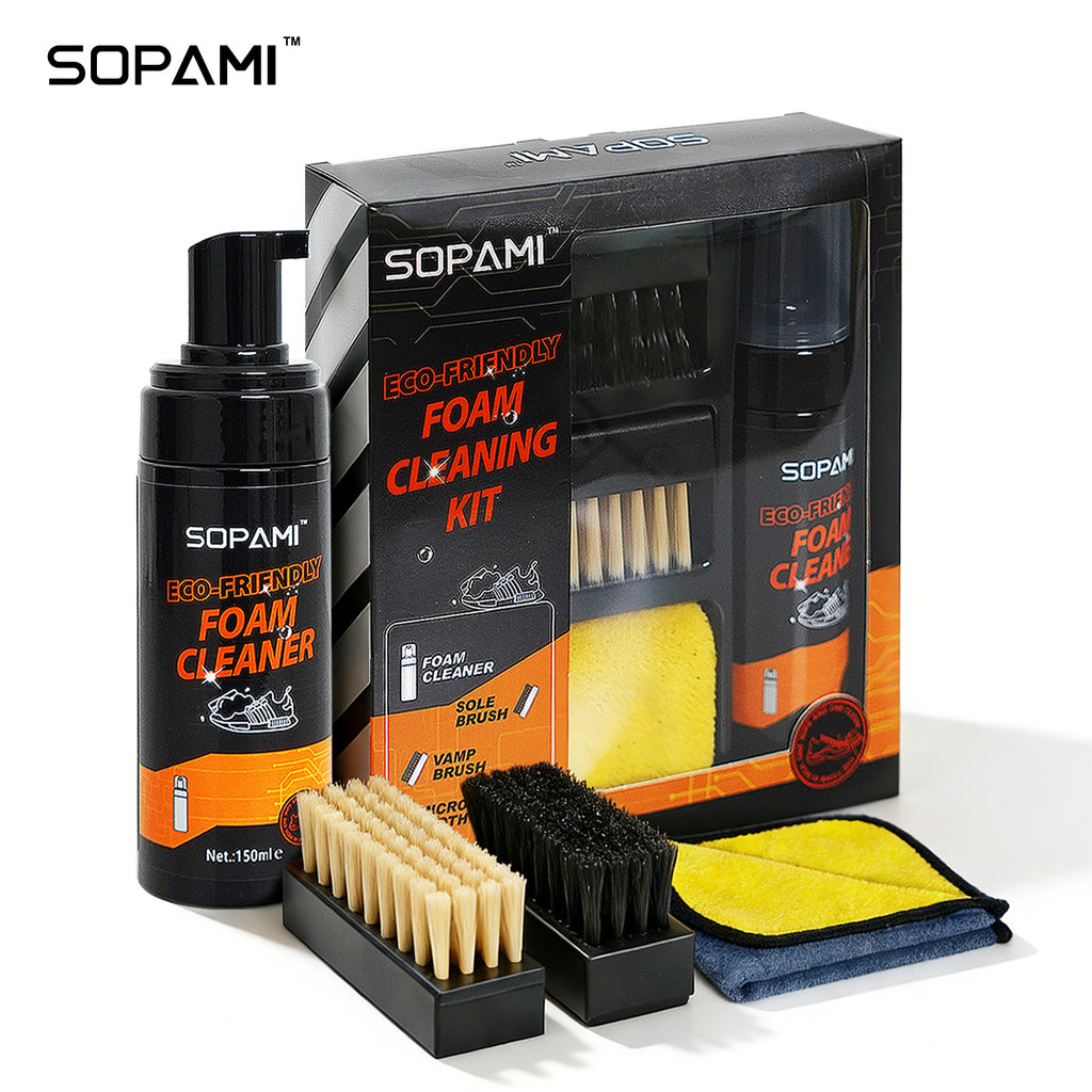 SOPAMI Eco-Friendly 150ml Foam Shoe Cleaning Kit with Dual Brushes, Waterless Deep Cleaning, Gentle Formula, Easy Home Care for Sneakers, Leather, Canvas, Mesh & Knitted Shoes