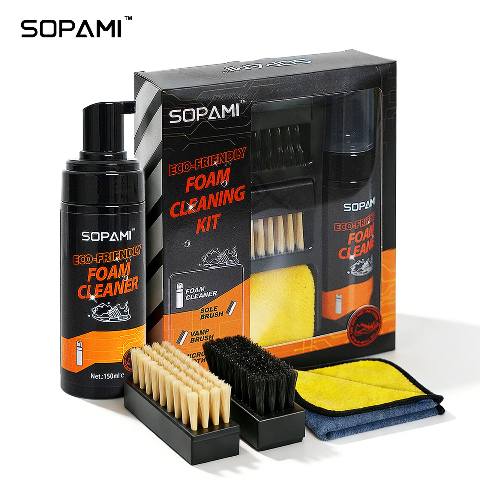 SOPAMI Eco-Friendly 150ml Foam Shoe Cleaning Kit with Dual Brushes, Waterless Deep Cleaning, Gentle Formula, Easy Home Care for Sneakers, Leather, Canvas, Mesh & Knitted Shoes