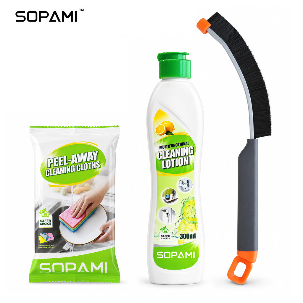 SOPAMI 300ml All-Purpose Cleaning Lotion with Cleaning Cloth & Crevice Brush Set, Creamy No-Scratch Formula, Fresh Lemon Scent, Removes Tough Stains on Kitchen Bathroom Metal & Ceramic