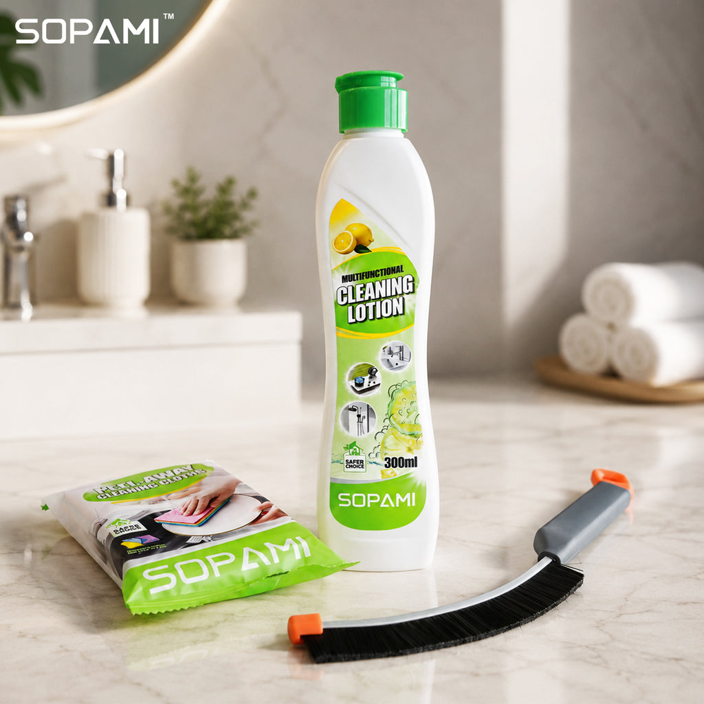 SOPAMI 300ml All-Purpose Cleaning Lotion with Cleaning Cloth & Crevice Brush Set, Creamy No-Scratch Formula, Fresh Lemon Scent, Removes Tough Stains on Kitchen Bathroom Metal & Ceramic