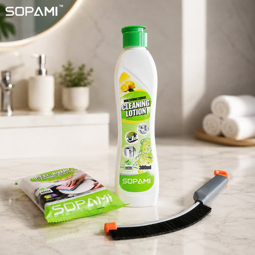 SOPAMI 300ml All-Purpose Cleaning Lotion with Cleaning Cloth & Crevice Brush Set, Creamy No-Scratch Formula, Fresh Lemon Scent, Removes Tough Stains on Kitchen Bathroom Metal & Ceramic