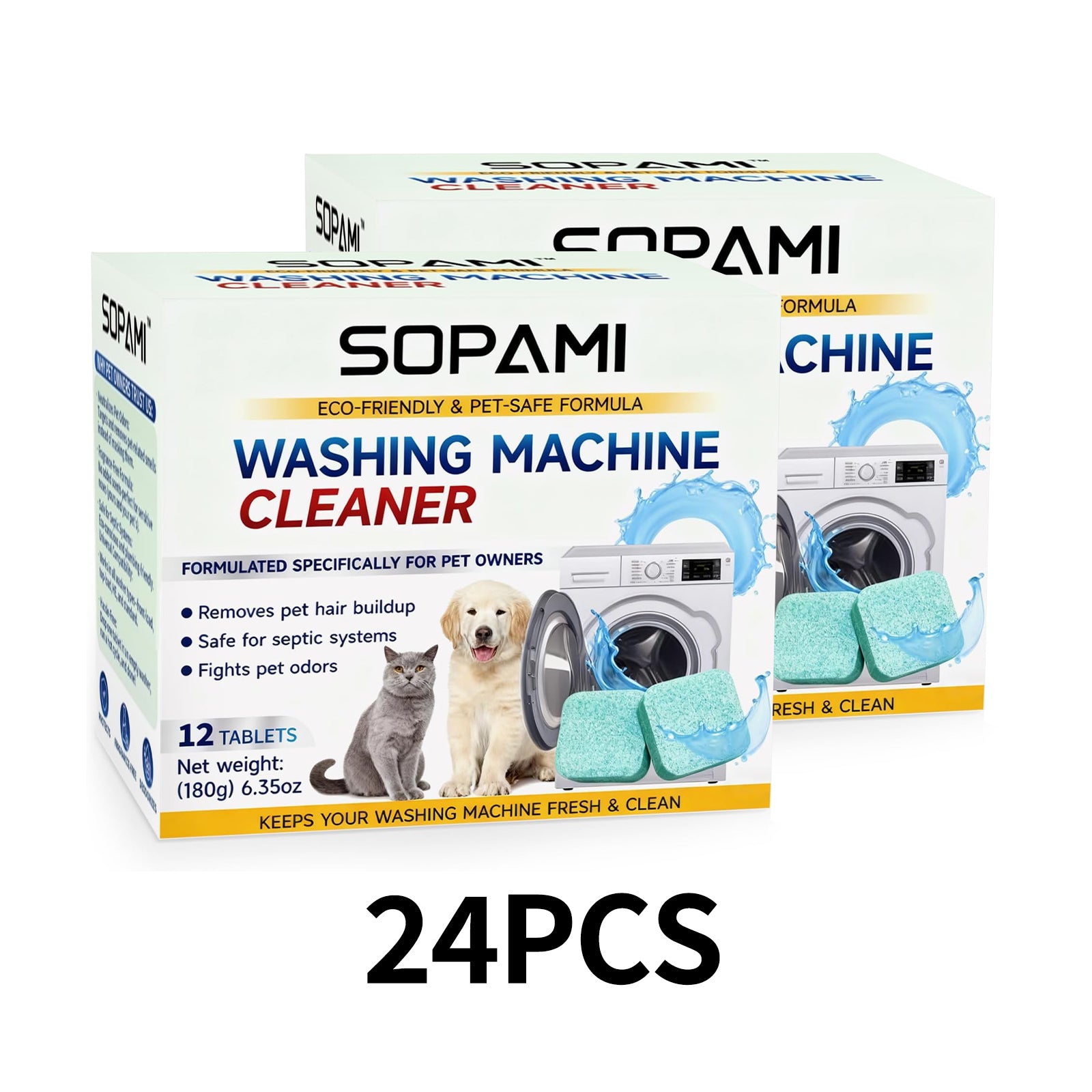 SOPAMI Washing Machine Cleaner Tablets, 12-Tablet Pack Laundry Cleaning Supplies - Pet-Safe, Eco-Friendly, Lifts Hair Buildup, Deep Cleans Grime, Neutralizes Pet Odors, Keeps Machine Fresh, Easy to Use