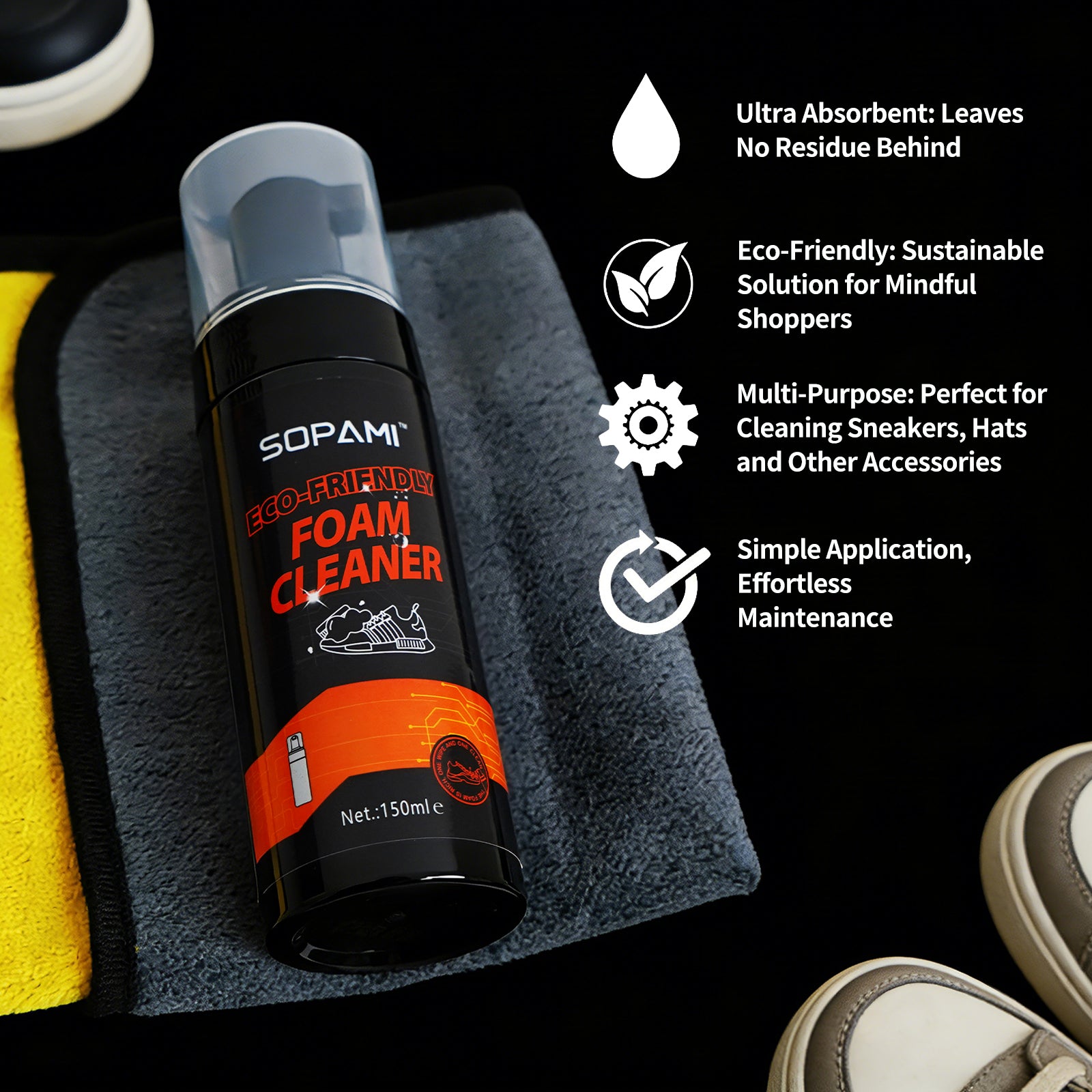 SOPAMI Eco-Friendly 150ml Foam Shoe Cleaning Kit with Dual Brushes, Waterless Deep Cleaning, Gentle Formula, Easy Home Care for Sneakers, Leather, Canvas, Mesh & Knitted Shoes