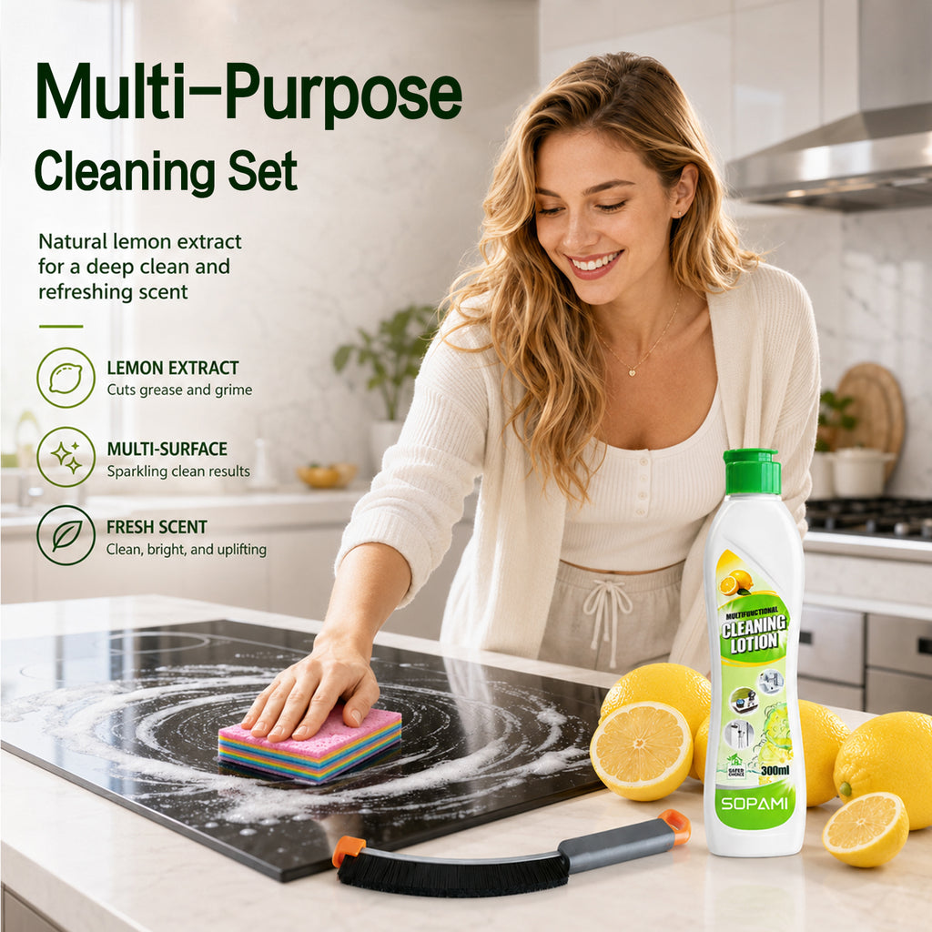 SOPAMI 300ml All-Purpose Cleaning Lotion with Cleaning Cloth & Crevice Brush Set, Creamy No-Scratch Formula, Fresh Lemon Scent, Removes Tough Stains on Kitchen Bathroom Metal & Ceramic