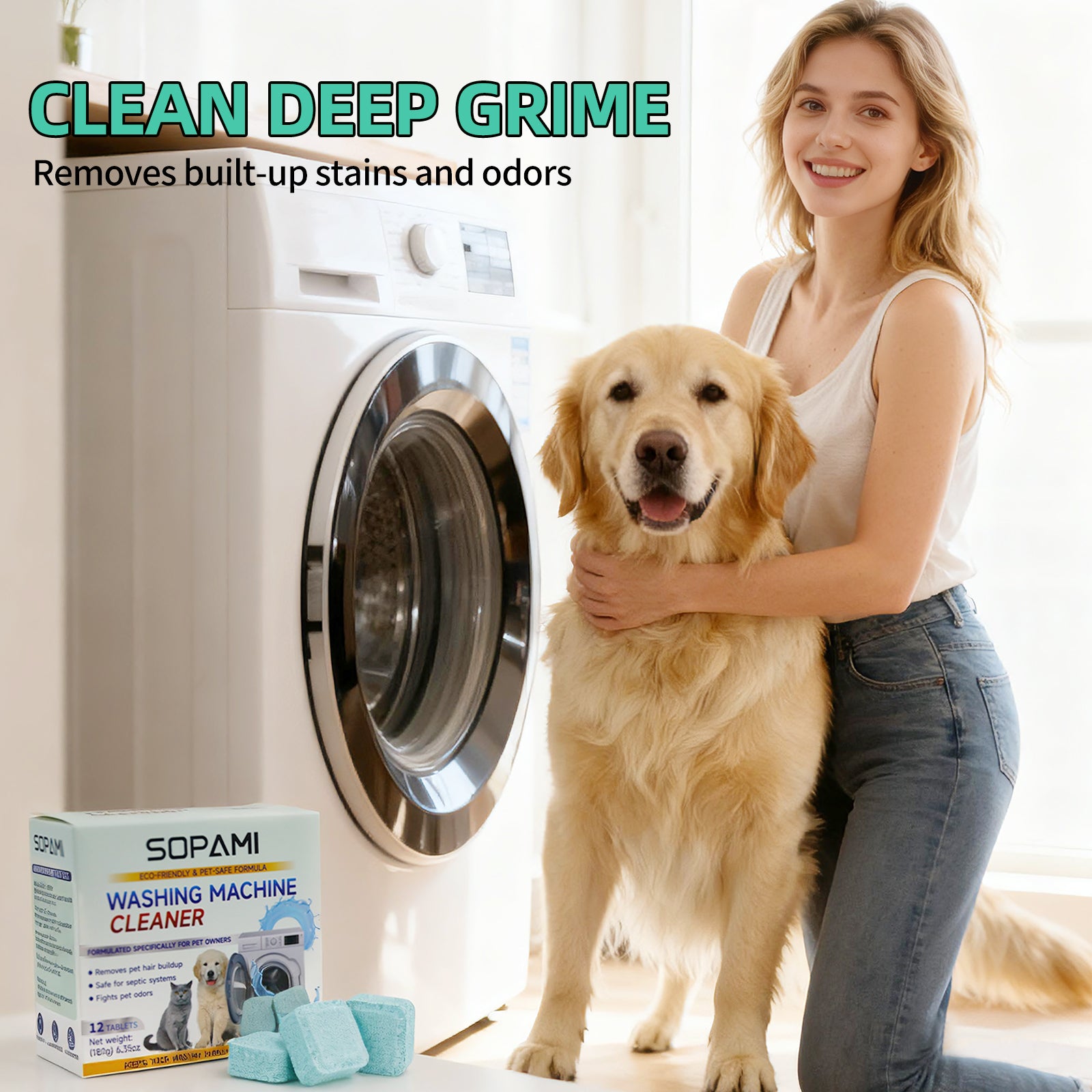 SOPAMI Washing Machine Cleaner Tablets, 12-Tablet Pack Laundry Cleaning Supplies - Pet-Safe, Eco-Friendly, Lifts Hair Buildup, Deep Cleans Grime, Neutralizes Pet Odors, Keeps Machine Fresh, Easy to Use