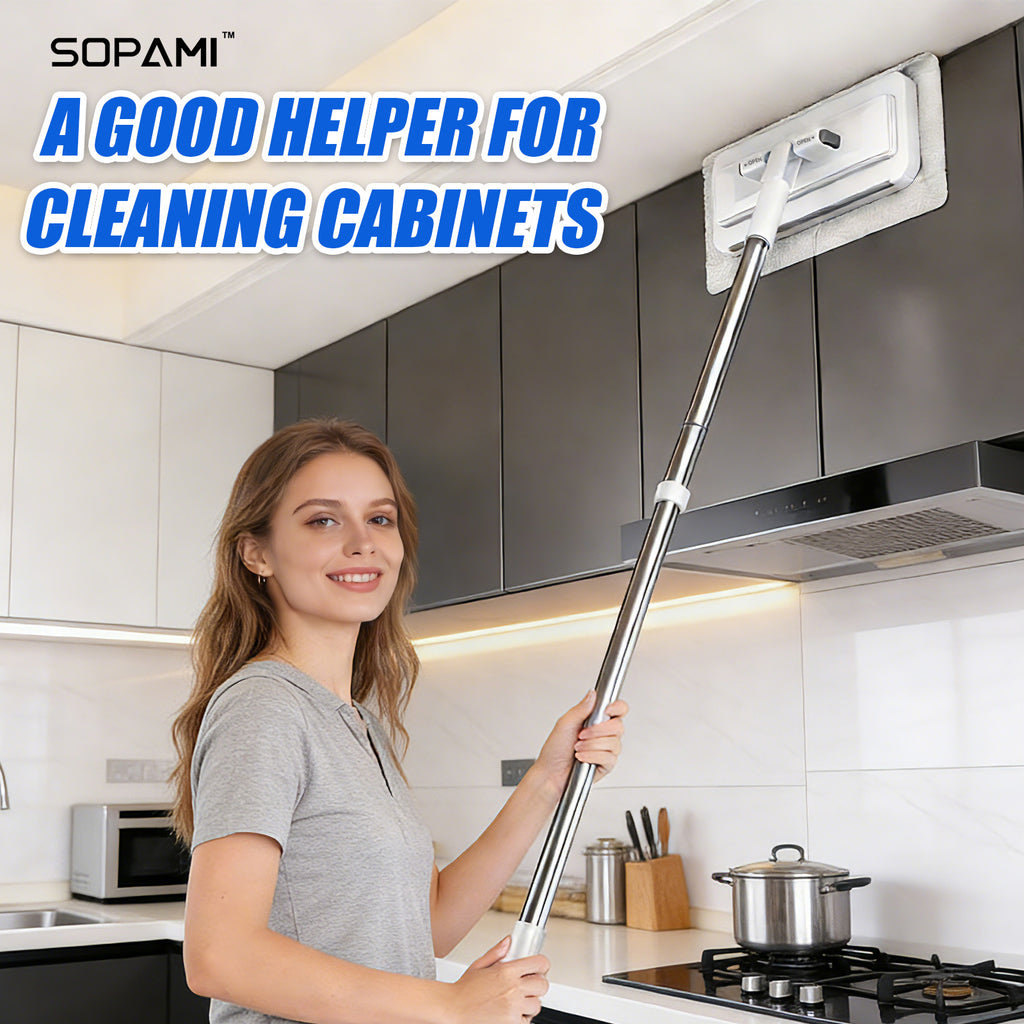 SOPAMI Retractable Disposable Flat Dust Mop with Clamp,Hands-Free & No Hand-Wash, Dry Wet Dual Use, One-ClickCloth Release, Ideal for Hardwood Floors, Tile Floors andBaseboards