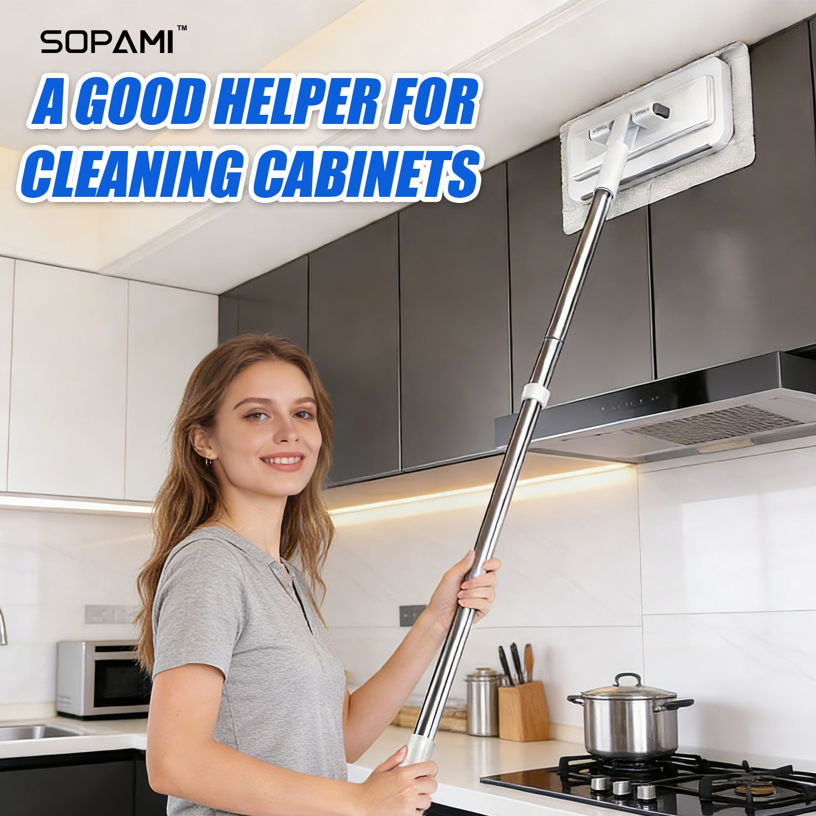 SOPAMI Retractable Disposable Flat Dust Mop with Clamp,Hands-Free & No Hand-Wash, Dry Wet Dual Use, One-ClickCloth Release, Ideal for Hardwood Floors, Tile Floors andBaseboards