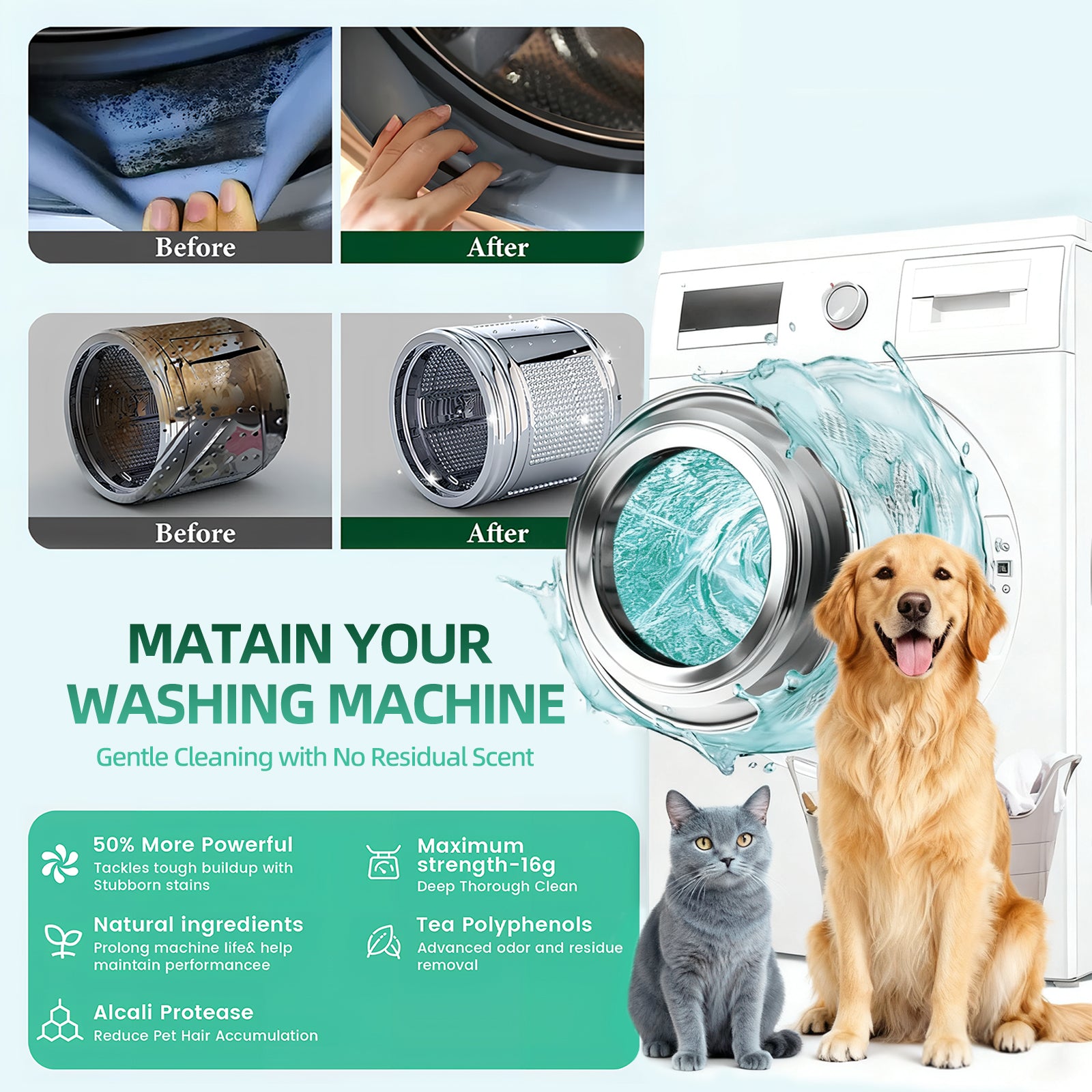 SOPAMI Washing Machine Cleaner Tablets, 12-Tablet Pack Laundry Cleaning Supplies - Pet-Safe, Eco-Friendly, Lifts Hair Buildup, Deep Cleans Grime, Neutralizes Pet Odors, Keeps Machine Fresh, Easy to Use