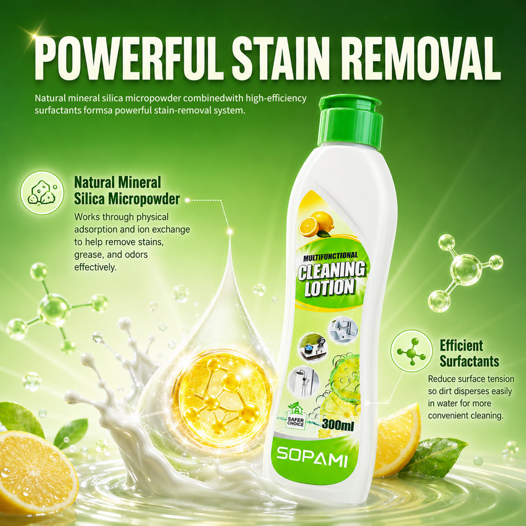 SOPAMI 300ml All-Purpose Cleaning Lotion with Cleaning Cloth & Crevice Brush Set, Creamy No-Scratch Formula, Fresh Lemon Scent, Removes Tough Stains on Kitchen Bathroom Metal & Ceramic