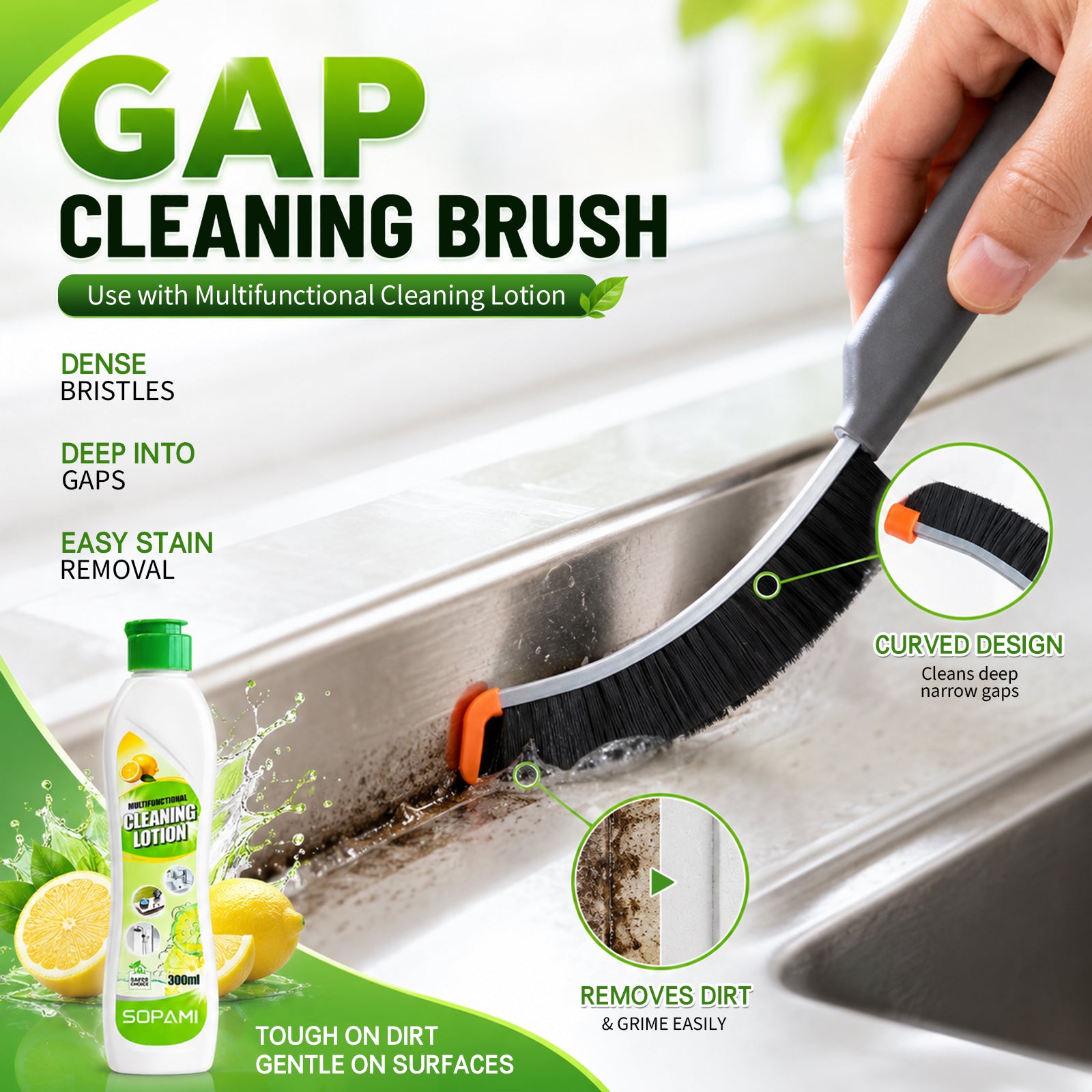 SOPAMI 300ml All-Purpose Cleaning Lotion with Cleaning Cloth & Crevice Brush Set, Creamy No-Scratch Formula, Fresh Lemon Scent, Removes Tough Stains on Kitchen Bathroom Metal & Ceramic