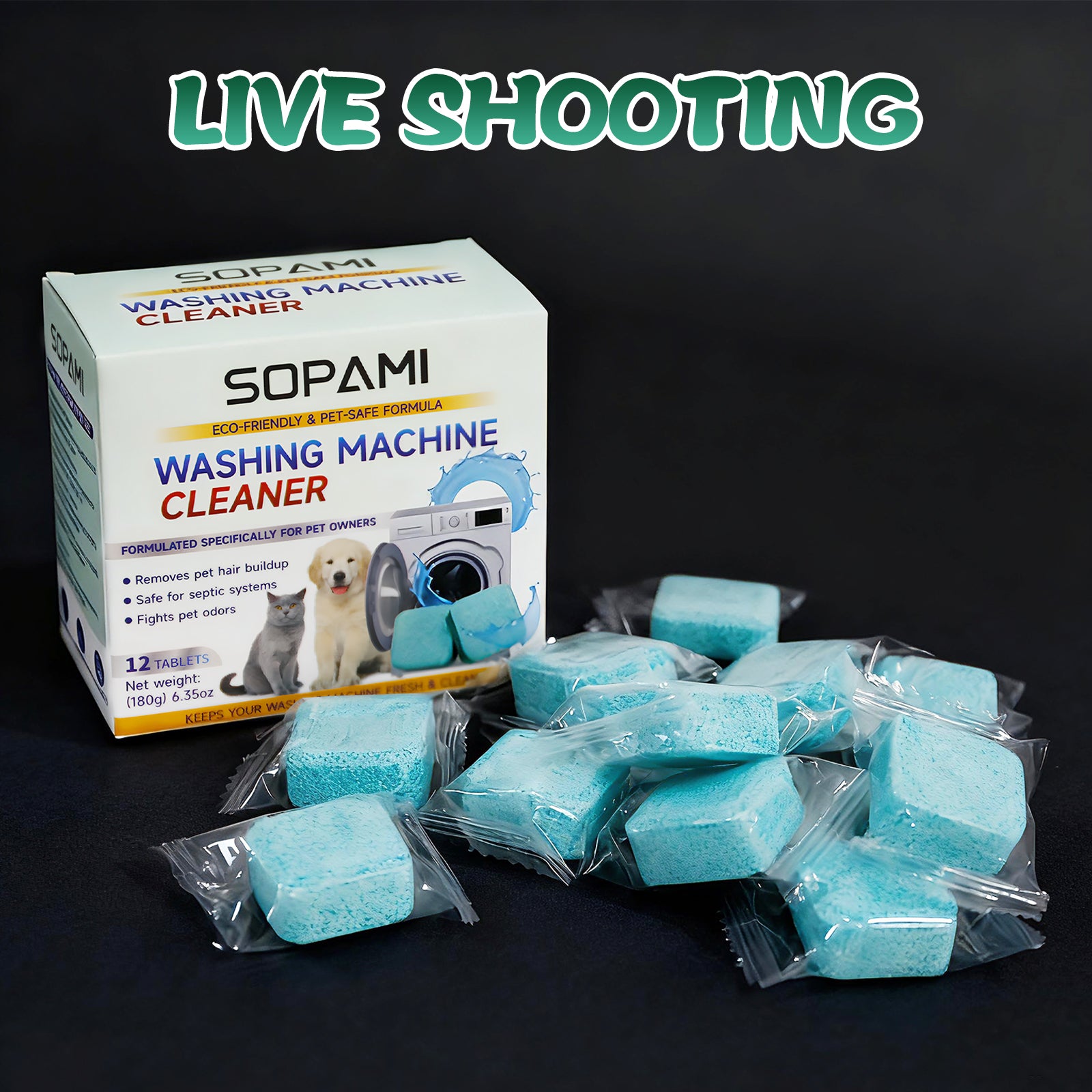SOPAMI Washing Machine Cleaner Tablets, 12-Tablet Pack Laundry Cleaning Supplies - Pet-Safe, Eco-Friendly, Lifts Hair Buildup, Deep Cleans Grime, Neutralizes Pet Odors, Keeps Machine Fresh, Easy to Use
