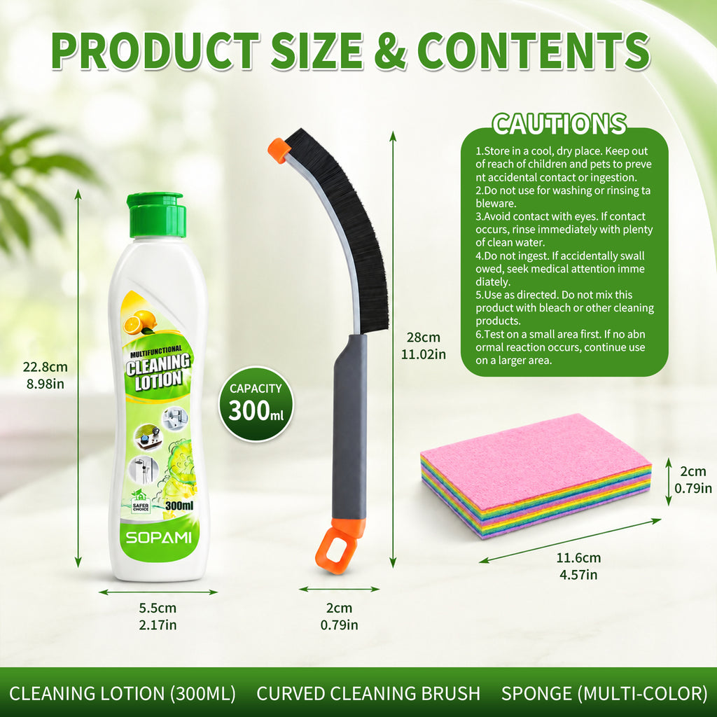 SOPAMI 300ml All-Purpose Cleaning Lotion with Cleaning Cloth & Crevice Brush Set, Creamy No-Scratch Formula, Fresh Lemon Scent, Removes Tough Stains on Kitchen Bathroom Metal & Ceramic